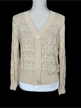 Cream Open Knit Cardigan Sweater Women’s Size S Bubble Sleeves